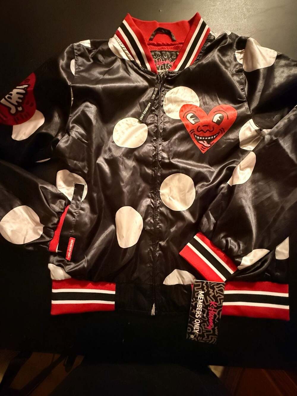 Members Only x Keith Haring Black Satin Polka Dot Varsity Bomber Jacket